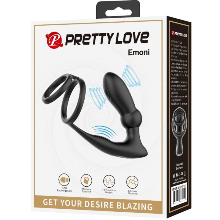 PRETTY LOVE - ANEL PENIS EMONI + PLUG ANAL 12 VIBRAÇÕES PRETO