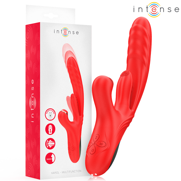 INTENSE - VIBRADOR MULTIFUNCIONAL KAROL THRUST & STIMULATION & ONDAS ESTIMULANTES VERMELHO
