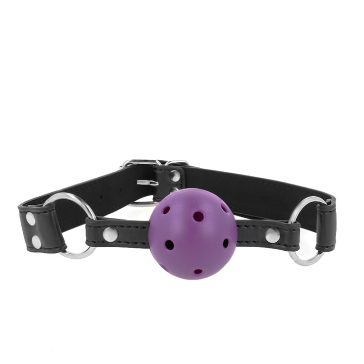 KINK - BOLA RESPIRÁVEL 4 CM MORDAÇA COM REBITE DUPLO ROXO 62.5 x 2.5 CM AJUSTÁVEL 42-58 CM