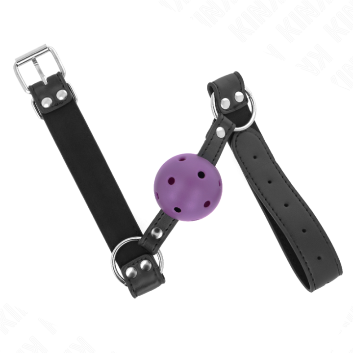 KINK - BOLA RESPIRÁVEL 4 CM MORDAÇA COM REBITE DUPLO ROXO 62.5 x 2.5 CM AJUSTÁVEL 42-58 CM