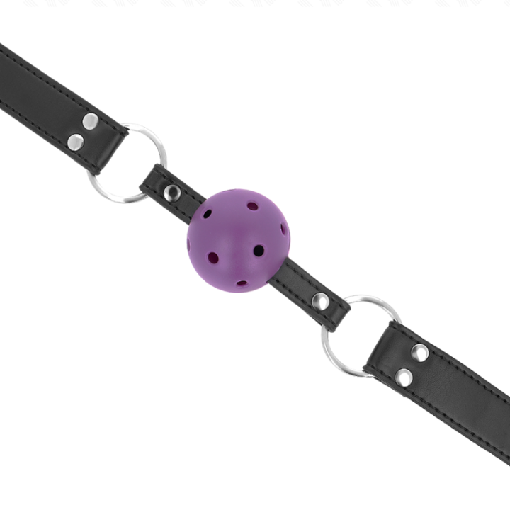 KINK - BOLA RESPIRÁVEL 4 CM MORDAÇA COM REBITE DUPLO ROXO 62.5 x 2.5 CM AJUSTÁVEL 42-58 CM