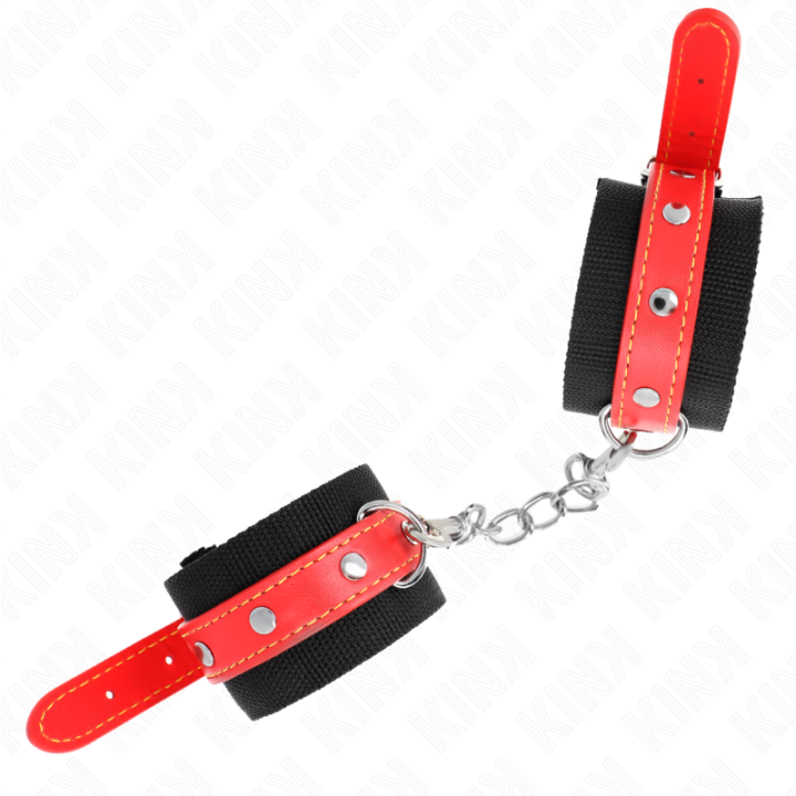 KINK - PUNHOS DE NYLON PRETO COM COURO VERMELHO AJUSTÁVEIS 19-24 CM X 5.5 CM