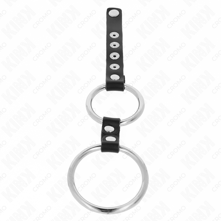 KINK - ANEL DE PÊNIS DUPLO DE METAL DE 3.8 CM A 5 CM CONECTADO COM COURO