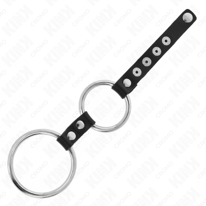 KINK - ANEL DE PÊNIS DUPLO DE METAL DE 3.8 CM A 5 CM CONECTADO COM COURO