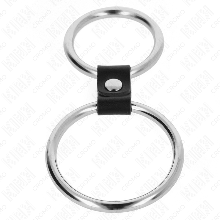 KINK - ANEL DE PÊNIS DUPLO DE METAL 3.7 CM A 5 CM CONECTADO POR TIRA DE COURO MODELO 1