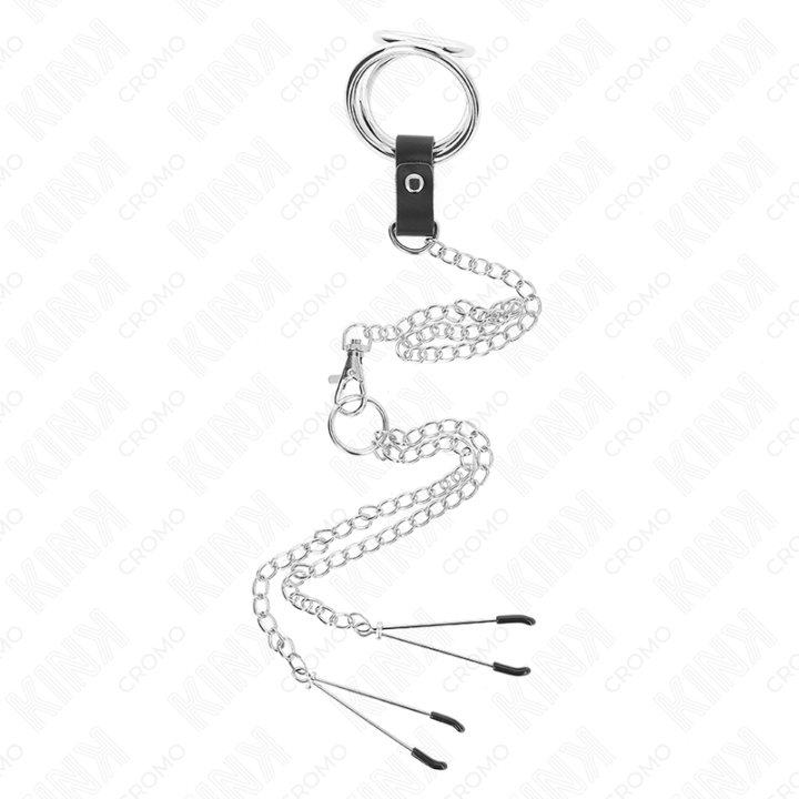 KINK - ANEL DE PÊNIS DE METAL TRIPLO CROMADO DE 3 CM A 4.5 CM COM CORRENTE DE METAL DE 26 CM E CLIPES DE MAMILO