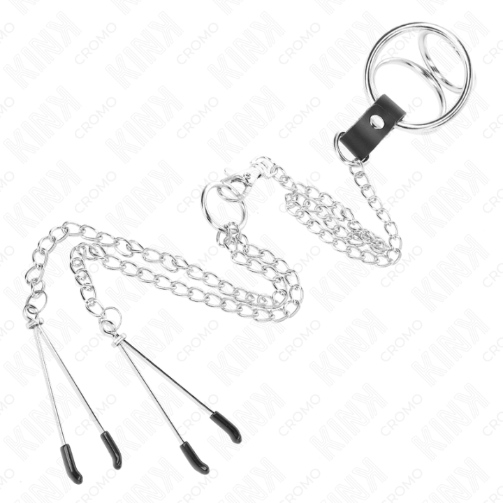 KINK - ANEL DE PÊNIS DE METAL TRIPLO CROMADO DE 3 CM A 4.5 CM COM CORRENTE DE METAL DE 26 CM E CLIPES DE MAMILO