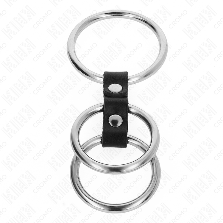 KINK - ANEL DE PÊNIS TRIPLO DE METAL DE 3.7 CM A 5 CM CONECTADO COM COURO
