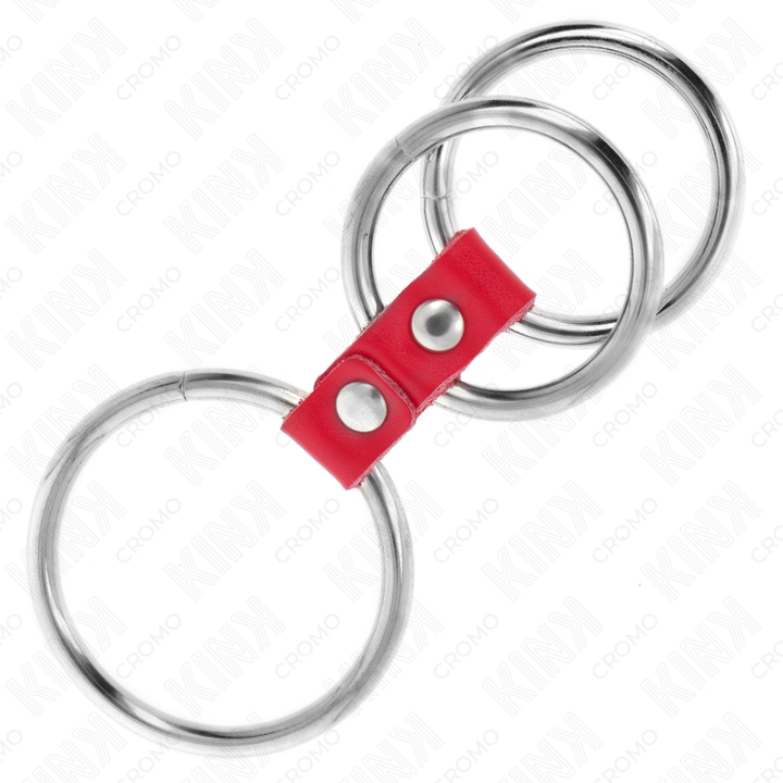 KINK - ANEL DE PÊNIS TRIPLO DE METAL DE 3.7 CM A 5 CM CONECTADO COM COURO VERMELHO