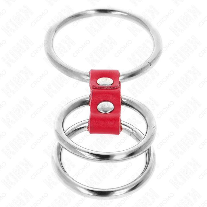 KINK - ANEL DE PÊNIS TRIPLO DE METAL DE 3.7 CM A 5 CM CONECTADO COM COURO VERMELHO