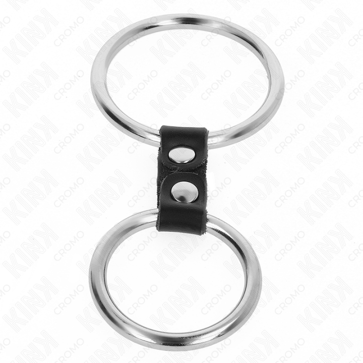 KINK - ANEL DE PÊNIS DUPLO DE METAL 3.7 CM A 5 CM CONECTADO POR TIRA DE COURO MODELO 2
