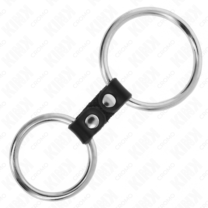 KINK - ANEL DE PÊNIS DUPLO DE METAL 3.7 CM A 5 CM CONECTADO POR TIRA DE COURO MODELO 2