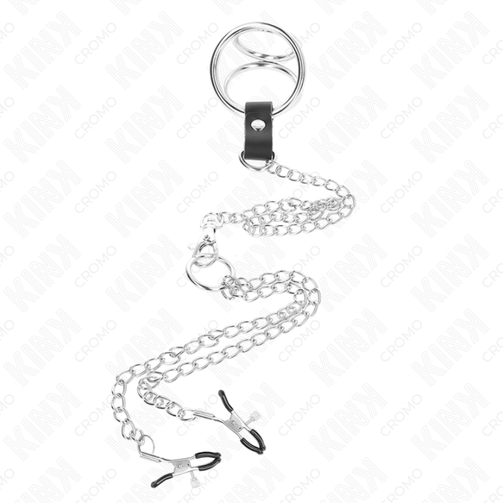 KINK - ANEL DE PÊNIS TRIPLO DE METAL CROMADO DE 3.8 CM A 5 CM COM CORRENTE DE METAL DE 26 CM E GRAMPOS DE MAMILOS MODELO 1