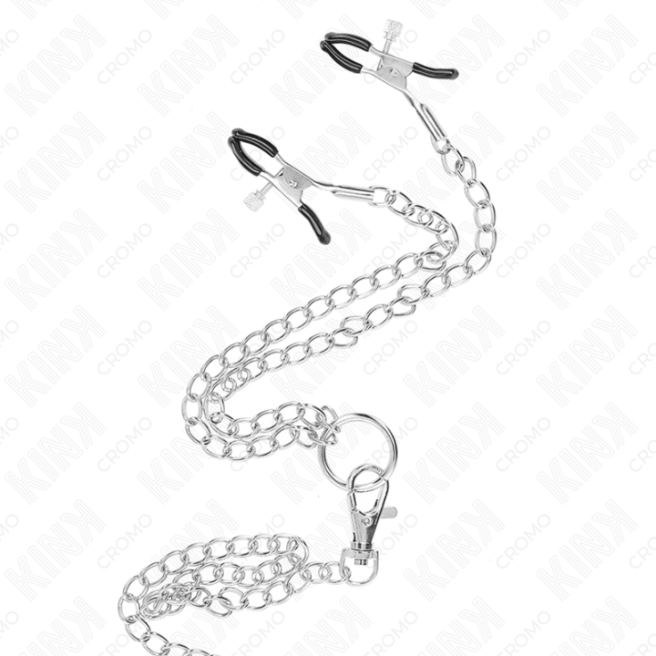 KINK - ANEL DE PÊNIS TRIPLO DE METAL CROMADO DE 3.8 CM A 5 CM COM CORRENTE DE METAL DE 26 CM E GRAMPOS DE MAMILOS MODELO 1