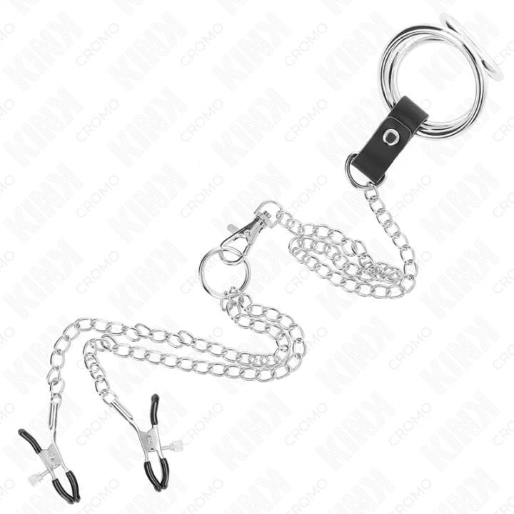 KINK - ANEL DE PÊNIS DE METAL TRIPLO CROMADO DE 3 CM A 4.5 CM COM CORRENTE DE METAL DE 26 CM E CLIPES DE MAMILO
