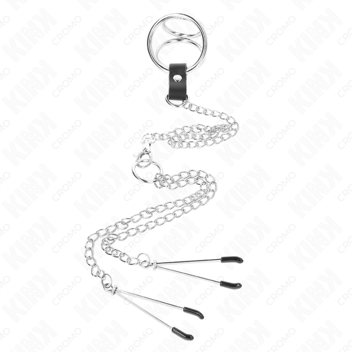 KINK - ANEL DE PÊNIS TRIPLO DE METAL CROMADO DE 3.8 CM A 5 CM COM CORRENTE DE METAL DE 26 CM E GRAMPOS DE MAMILOS MODELO 2