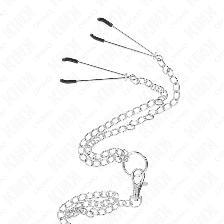 KINK - ANEL DE PÊNIS TRIPLO DE METAL CROMADO DE 3.8 CM A 5 CM COM CORRENTE DE METAL DE 26 CM E GRAMPOS DE MAMILOS MODELO 2