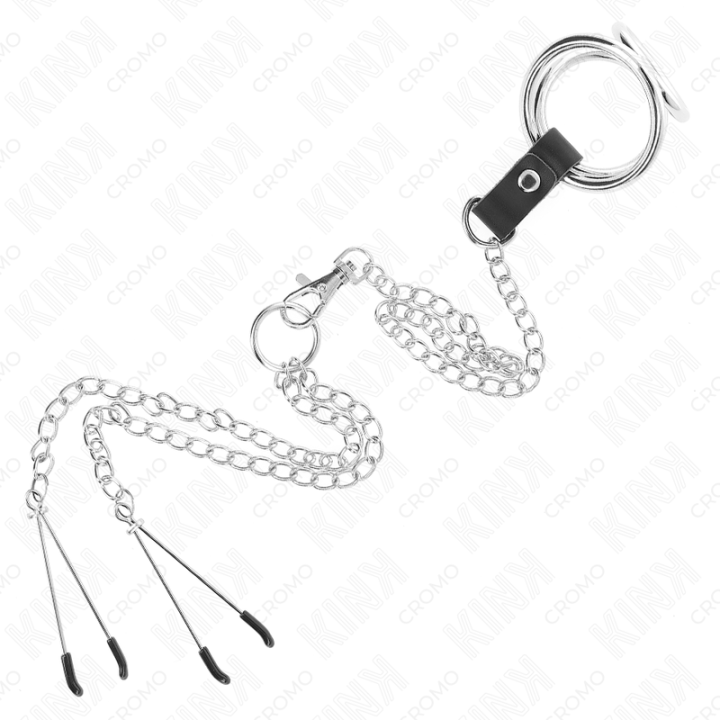 KINK - ANEL DE PÊNIS TRIPLO DE METAL CROMADO DE 3.8 CM A 5 CM COM CORRENTE DE METAL DE 26 CM E GRAMPOS DE MAMILOS MODELO 2