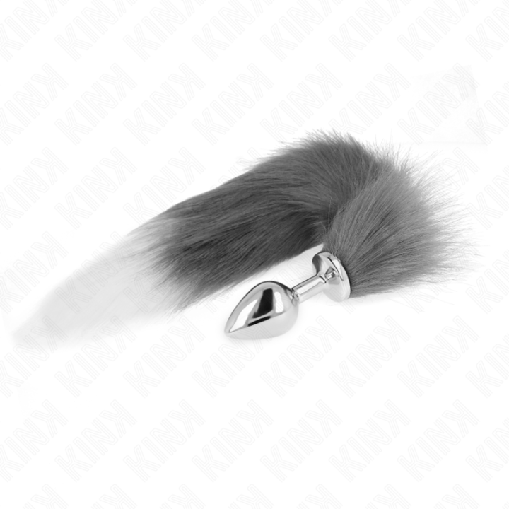 KINK - PLUG ANAL TAMANHO M 8 X 3.5 CM COM CAUDA SINTÉTICA 40 CM CINZENTO E BRANCO
