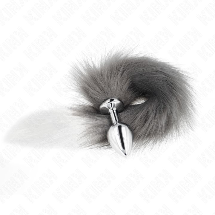 KINK - PLUG ANAL TAMANHO M 8 X 3.5 CM COM CAUDA SINTÉTICA 40 CM CINZENTO E BRANCO