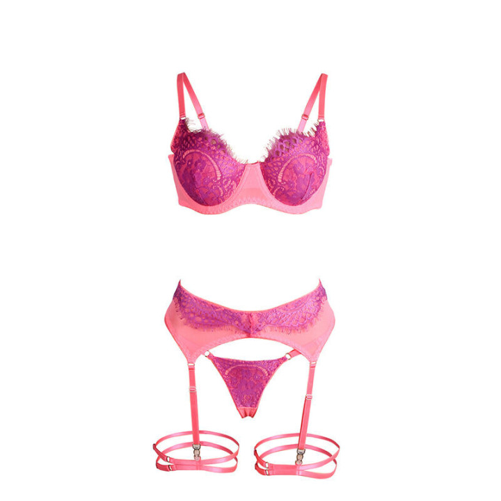 SUBBLIME - 955359 CONJUNTO DE SUTIÃ COM RENDA E LIGAS ROSA E ROXO S/M