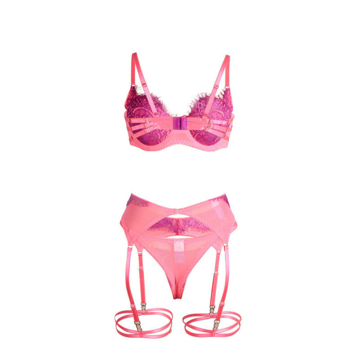 SUBBLIME - 955359 CONJUNTO DE SUTIÃ COM RENDA E LIGAS ROSA E ROXO S/M