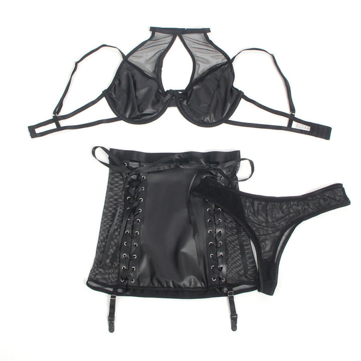 SUBBLIME - 957599 CONJUNTO DE SUTIÃ E SAIA DE COURO PRETO L/XL