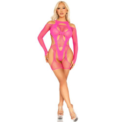 LEG AVENUE - BODYSTOCKING DE REDE COM CINTA-LIGA E ARNÊS ROSA NEON