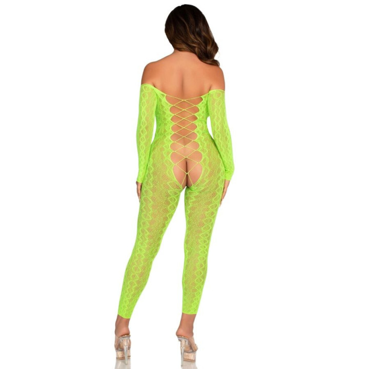 LEG AVENUE - BODYSTOCKING SEM BASE EXÓTICO RENDA DE COBRA VERDE NEON