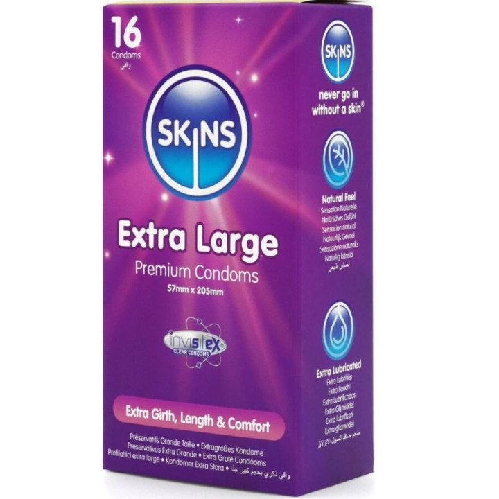 SKINS - PRESERVATIVOS EXTRA GRANDE PREMIUM PACOTE COM 16