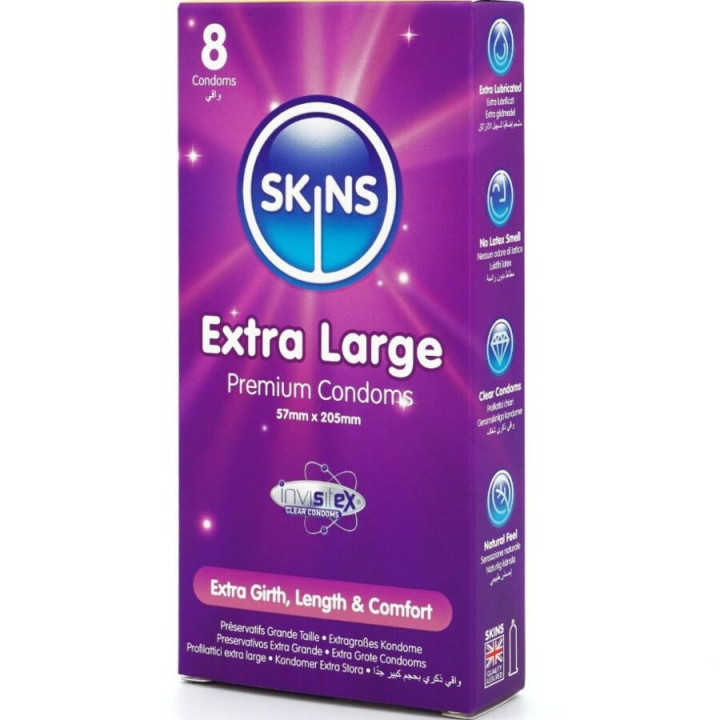 SKINS - PRESERVATIVOS EXTRA GRANDE PREMIUM PACOTE COM 8