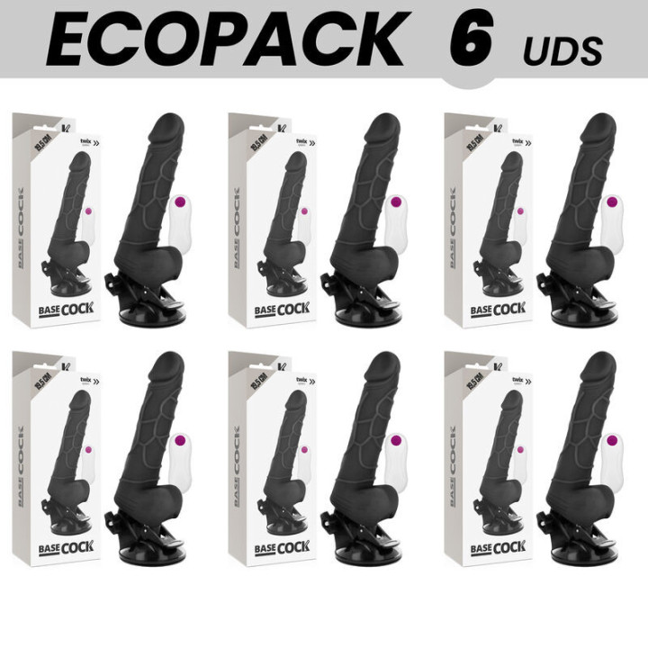ECOPACK 6 UNIT - BASECOCK VIBRADOR REALISTA CONTROLE REMOTO PRETO COM TESTÍCULOS 19.5 CM -O- 4 CM