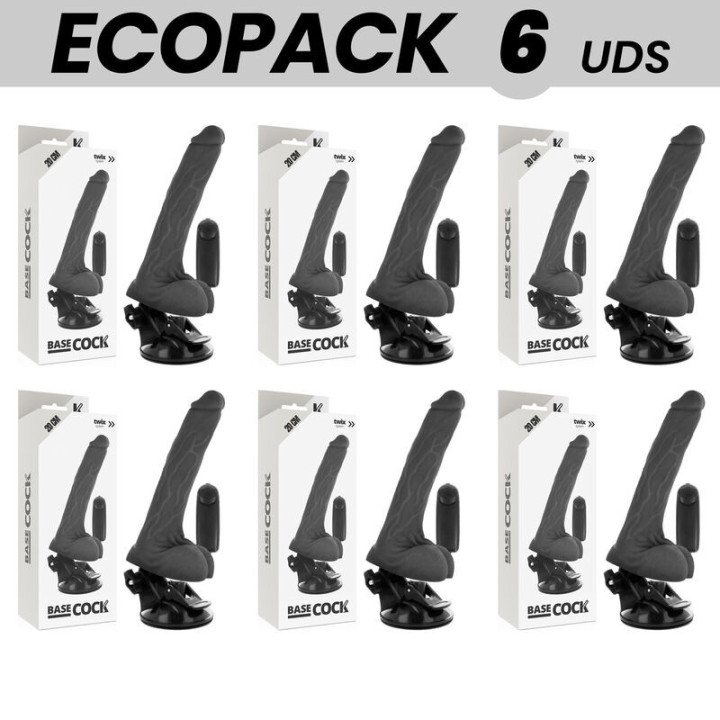 ECOPACK 6 UNIT - BASECOCK VIBRADOR REALÍSTICO DE CONTROLE REMOTO PRETO COM TESTÍCULOS 20 CM -O- 4 CM