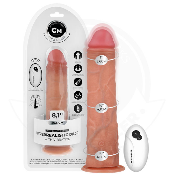 COCK MILLER - DILDO REALISTA COM VENTOSA E CONTROLE REMOTO VIBRAÇÃO 20.5 CM