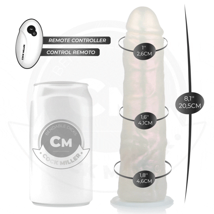 COCK MILLER - DILDO COM VENTOSA. LUZES E VIBRAÇÃO COM CONTROLE REMOTO BRANCO 20.5 CM