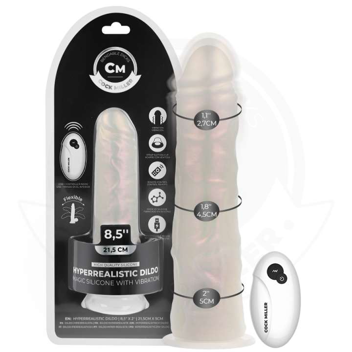 COCK MILLER - DILDO COM VENTOSA. LUZES E VIBRAÇÃO COM CONTROLE REMOTO BRANCO 21.5 CM