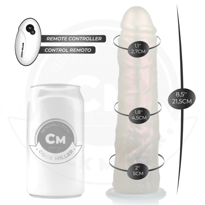 COCK MILLER - DILDO COM VENTOSA. LUZES E VIBRAÇÃO COM CONTROLE REMOTO BRANCO 21.5 CM