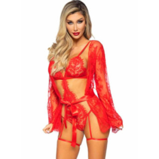 LEG AVENUE - 86123 CONJUNTO DE ROBE COM DENDY E LIGA VERMELHO TAMANHO M