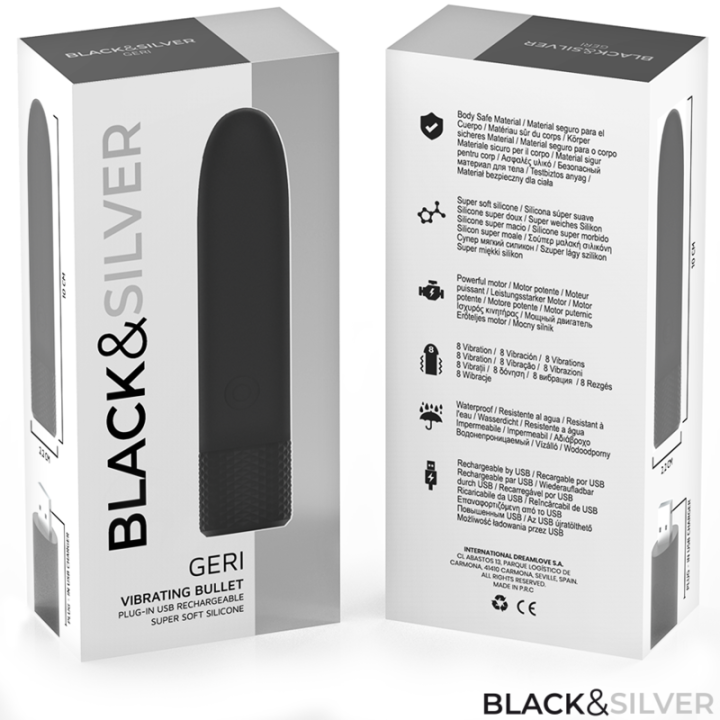 BLACK & SILVER - GERI USB RECARREGÁVEL VIBRATÓRIA BULLET 8 VIBRAÇÕES PRETO 10 X 2.2 CM