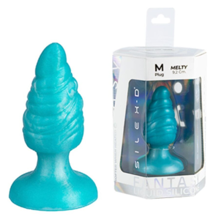 SILEXD - MELTY PLUG ANAL DE DERRETIMENTO FANTASY DE SILICONE LÍQUIDO TERMOREATIVO AZUL CELESTIAL 9.2 CM