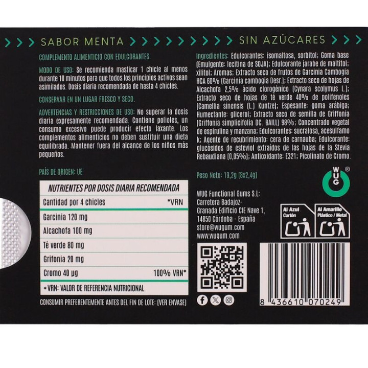 WUG DIET - GOMA DE HORTELÃ FUNCIONAL SEM AÇÚCAR. EM CARTELA COM 8 UNIDADES