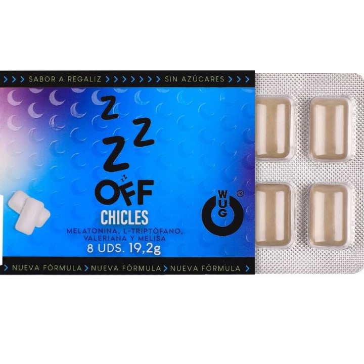 WUG OFF - GOMA DE MASCAR FUNCIONAL COM MELATONINA E VALERIANA. SABOR ALCAÇUZ. CARTELA COM 8 UNIDADES