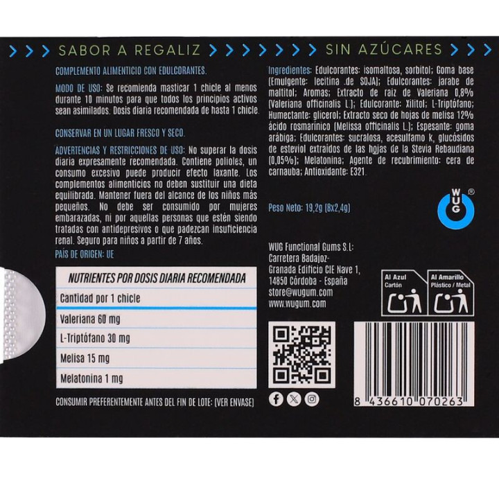 WUG OFF - GOMA DE MASCAR FUNCIONAL COM MELATONINA E VALERIANA. SABOR ALCAÇUZ. CARTELA COM 8 UNIDADES