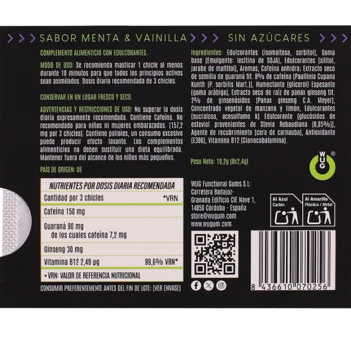 WUG ON - GOMA DE GUARANA FUNCIONAL COM CAFEÍNA. SABOR HORTELÃ E BAUNILHA. CARTELA COM 8 UNIDADES