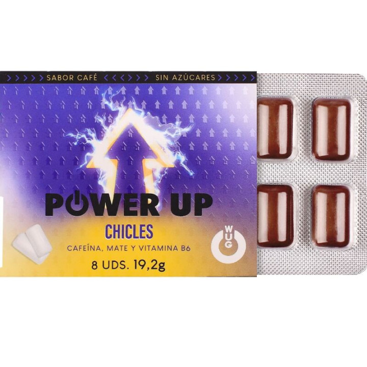 WUG POWER UP – GOMA DE MASCAR FUNCIONAL COM CAFEÍNA E SABOR DE CAFÉ MATE. EM CARTELA COM 8 UNIDADES
