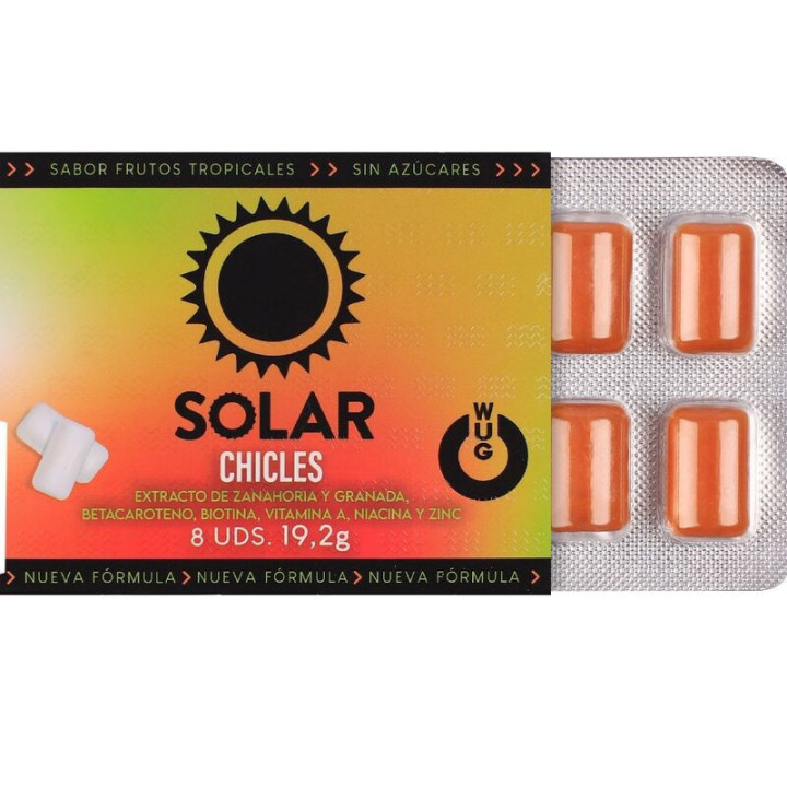 WUG SOLAR - GOMA DE MASCAR FUNCIONAL COM VITAMINAS E ZINCO. SABOR FRUTAS TROPICAIS. EM CARTELA COM 8 UNIDADES