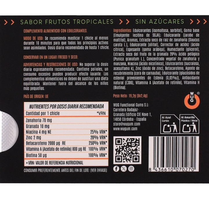 WUG SOLAR - GOMA DE MASCAR FUNCIONAL COM VITAMINAS E ZINCO. SABOR FRUTAS TROPICAIS. EM CARTELA COM 8 UNIDADES