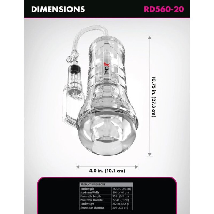 PDX ELITE - VIEWTUBE VAC XXL TRANSPARENTE STROKER COM BOMBA DE SUCÇÃO 27.3 CM