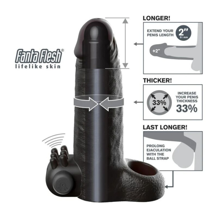 FANTASY X-TENSIONS - MANGA EXTENSORA DE PÊNIS VIBRATÓRIA COM SENSAÇÃO REALISTA DE 5CM PRETA