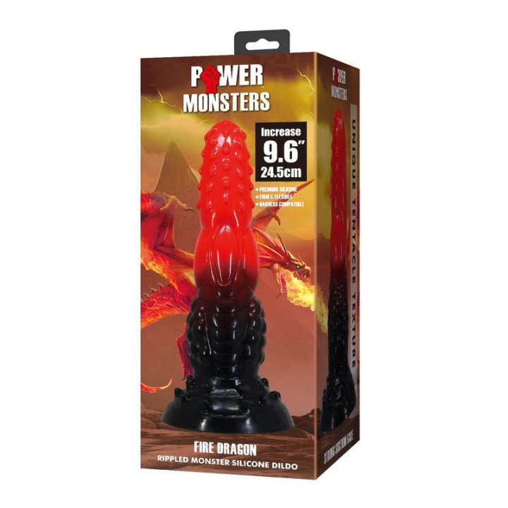 POWER MONSTERS - DILDO DE FANTASIA DRAGÃO DE FOGO COM VENTOSA 24.5 CM Ø 5.8 CM VERMELHO E PRETO